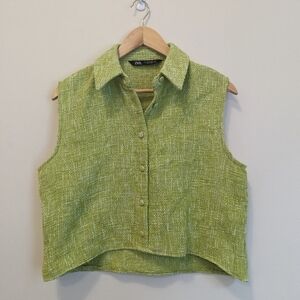 Zara Green Tweed Sleeveless Button Up Vest Top EUC